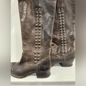 FRYE Equestrian Studded Tall Brown Riding Boots Size 6 Leather Biker Bohemian